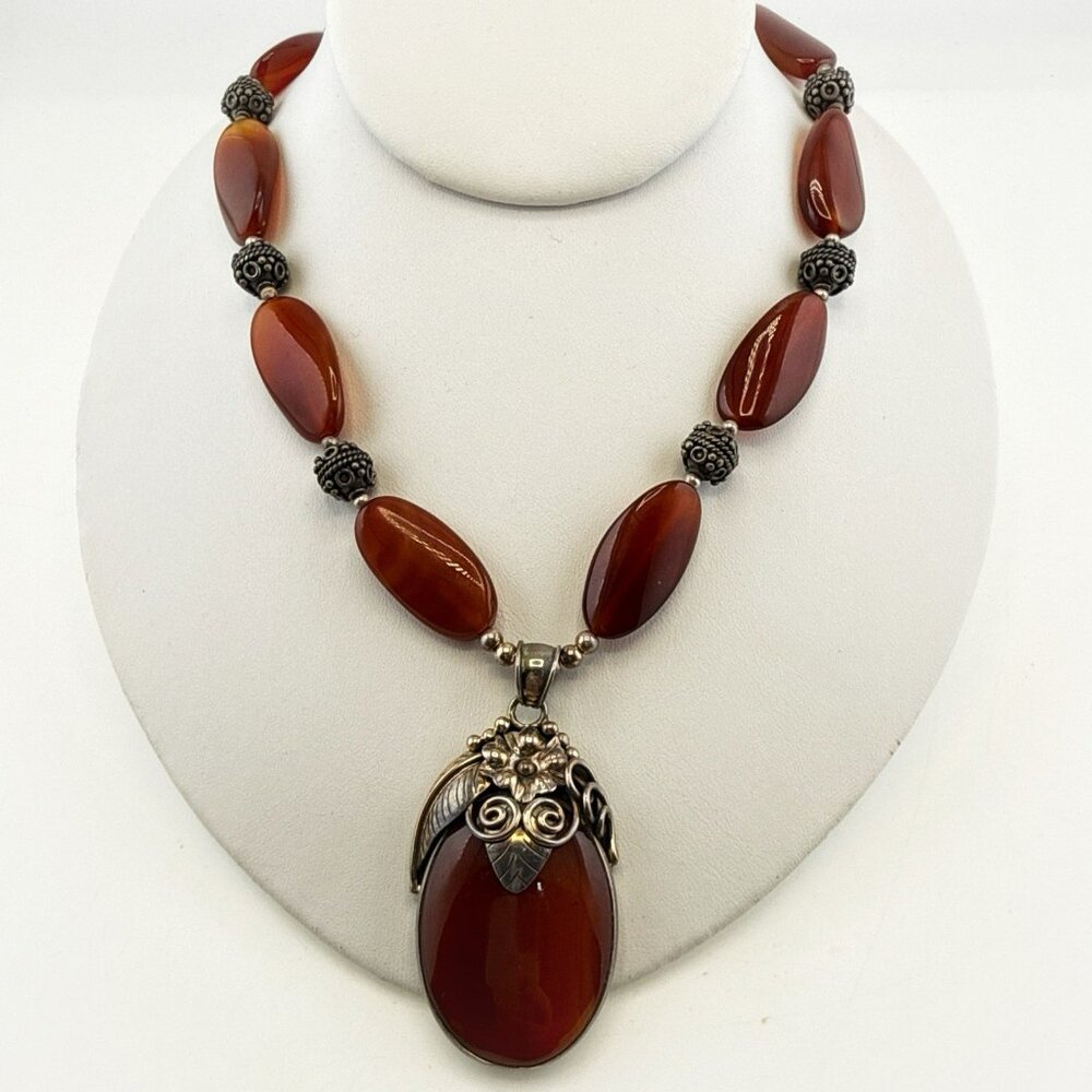 Meran Sterling Silver Necklace Carnelian Artisan Floral Chunky Bali Boho 23"